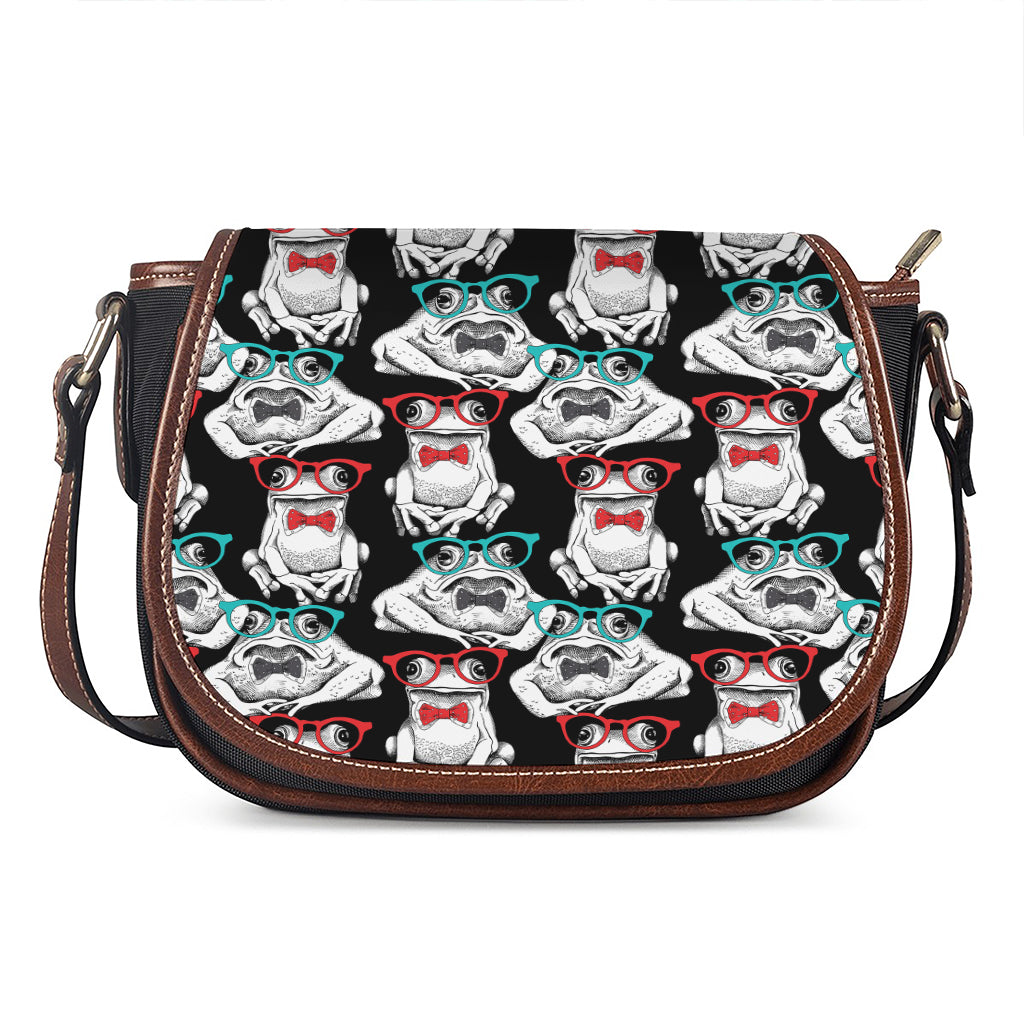 Hipster Frog Pattern Print Saddle Bag
