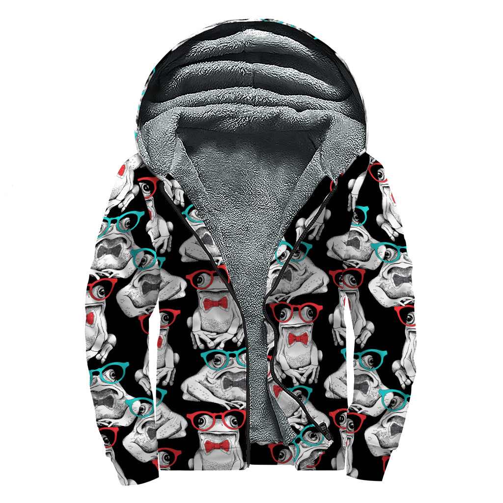 Hipster Frog Pattern Print Sherpa Lined Zip Up Hoodie