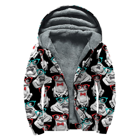 Hipster Frog Pattern Print Sherpa Lined Zip Up Hoodie