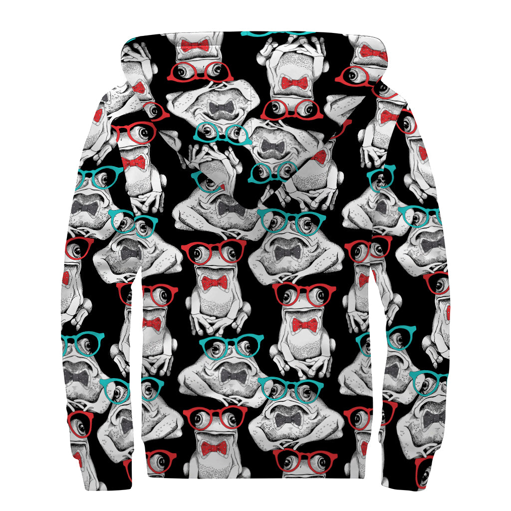 Hipster Frog Pattern Print Sherpa Lined Zip Up Hoodie