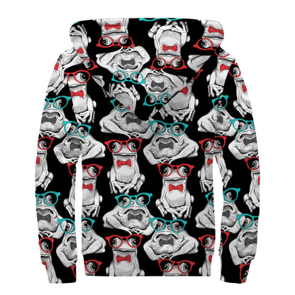 Hipster Frog Pattern Print Sherpa Lined Zip Up Hoodie