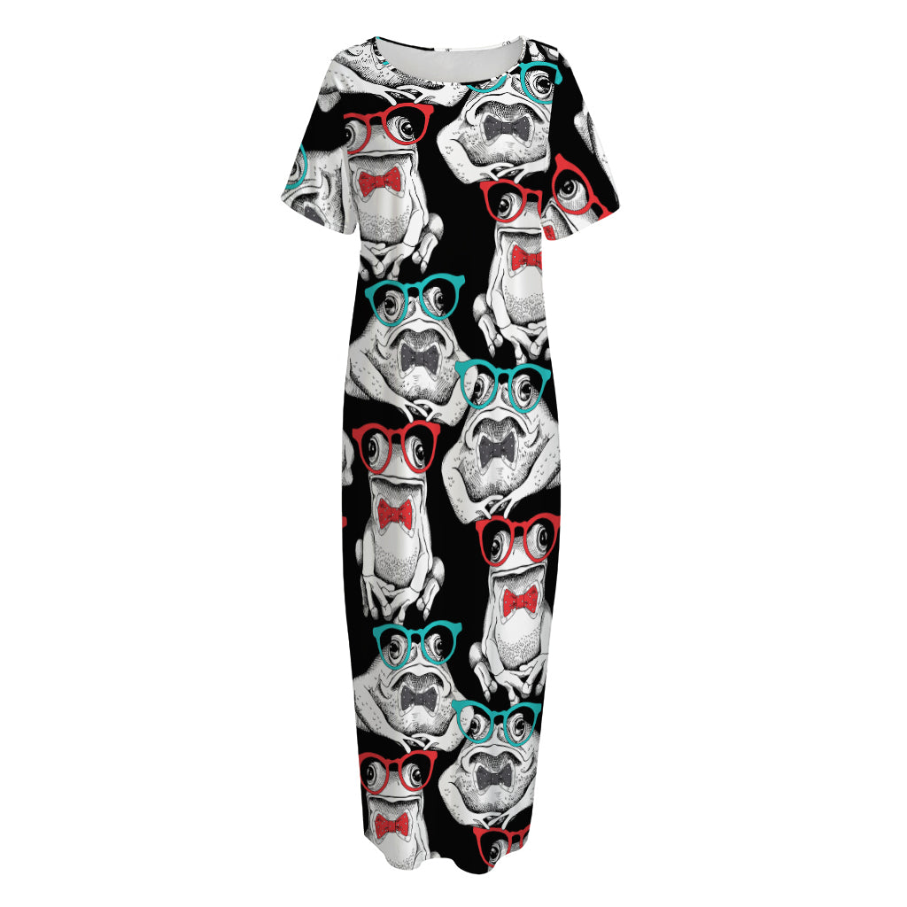 Hipster Frog Pattern Print Short Sleeve Long Nightdress