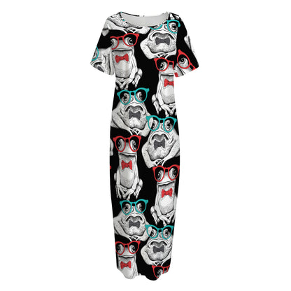 Hipster Frog Pattern Print Short Sleeve Long Nightdress