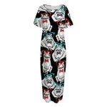 Hipster Frog Pattern Print Short Sleeve Long Nightdress
