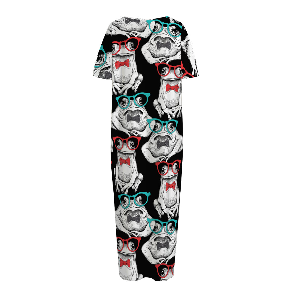 Hipster Frog Pattern Print Short Sleeve Long Nightdress