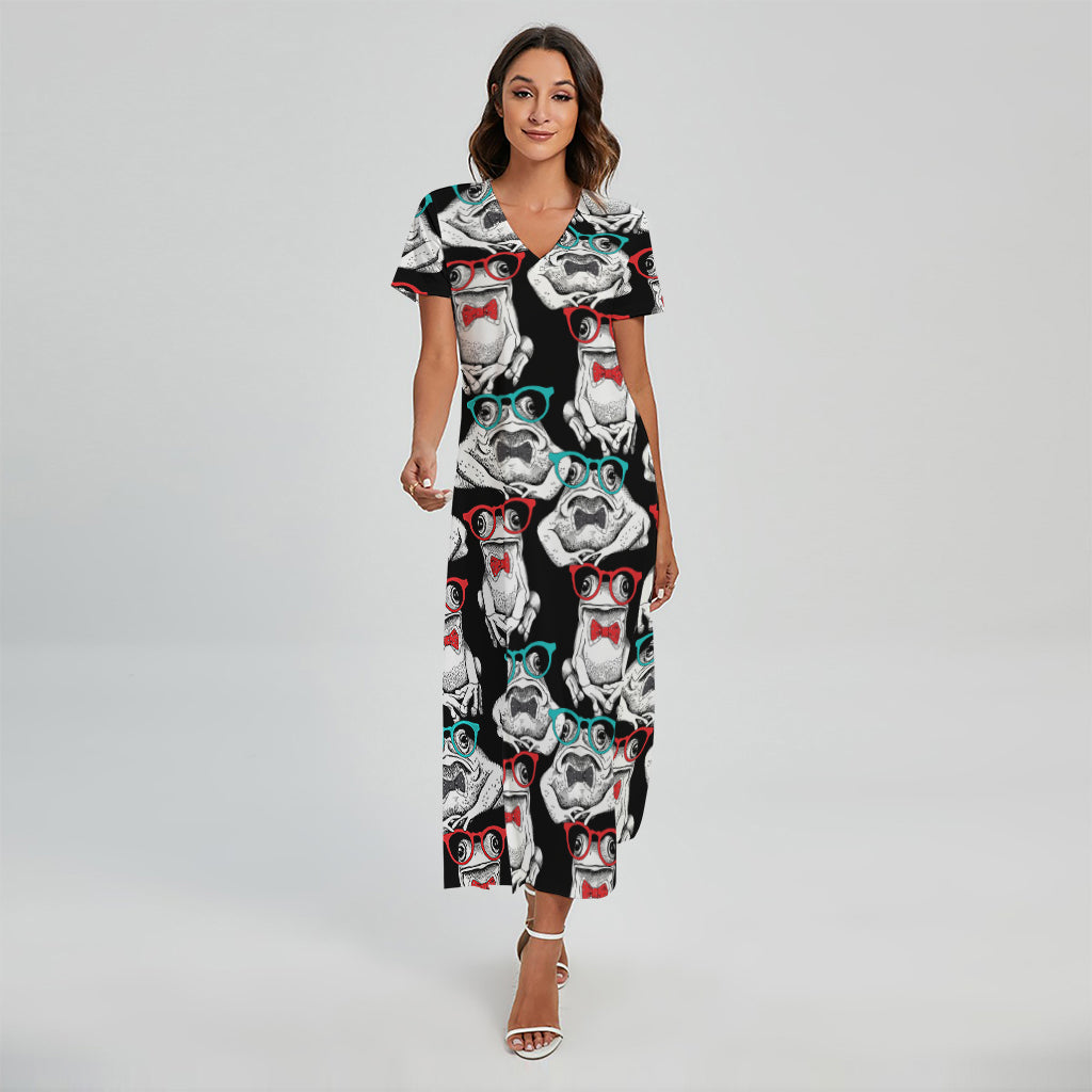 Hipster Frog Pattern Print Short Sleeve Maxi Dress