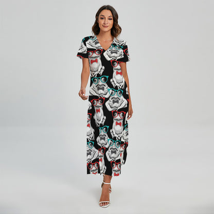 Hipster Frog Pattern Print Short Sleeve Maxi Dress