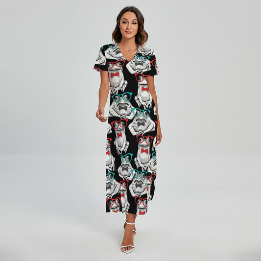 Hipster Frog Pattern Print Short Sleeve Maxi Dress