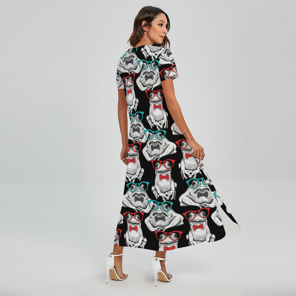 Hipster Frog Pattern Print Short Sleeve Maxi Dress