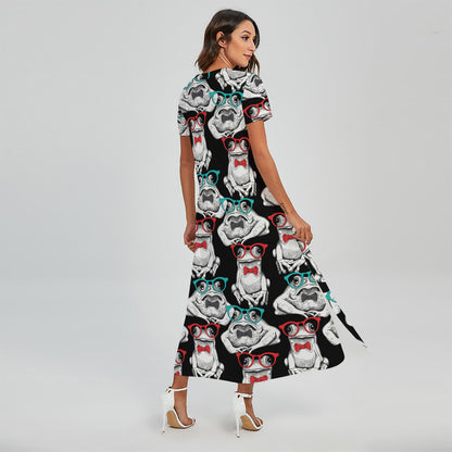Hipster Frog Pattern Print Short Sleeve Maxi Dress