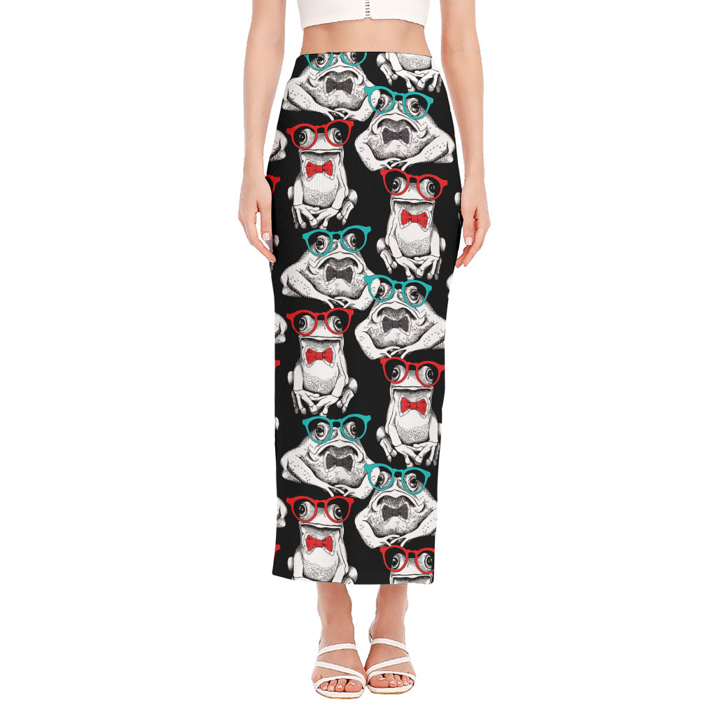 Hipster Frog Pattern Print Side Slit Maxi Skirt
