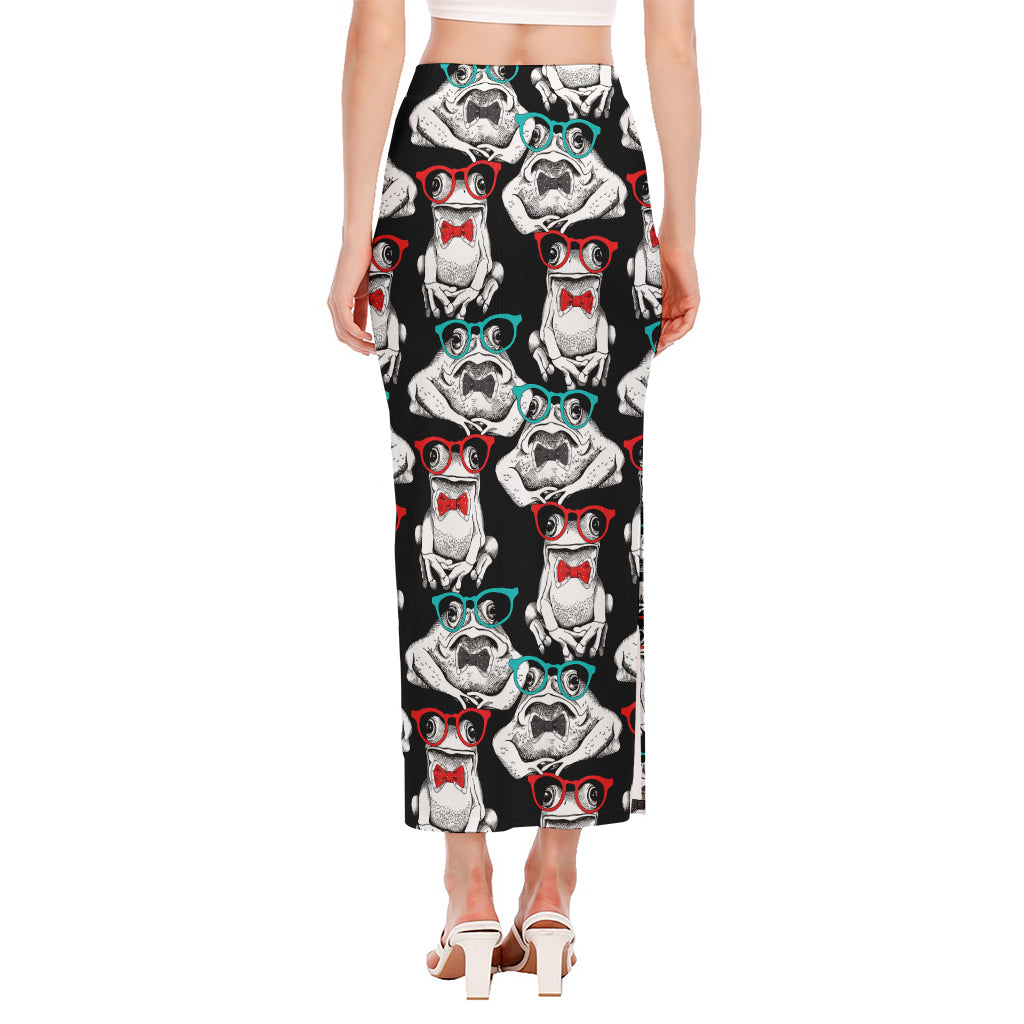 Hipster Frog Pattern Print Side Slit Maxi Skirt