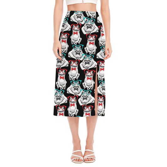 Hipster Frog Pattern Print Side Slit Midi Skirt