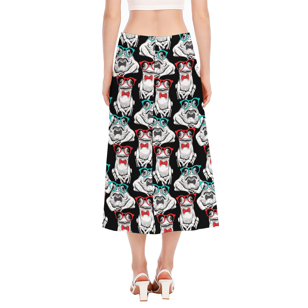 Hipster Frog Pattern Print Side Slit Midi Skirt
