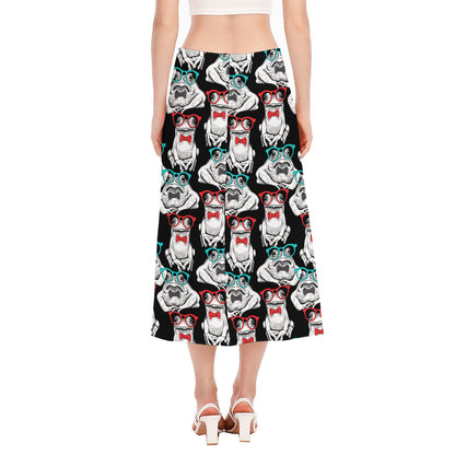 Hipster Frog Pattern Print Side Slit Midi Skirt