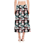 Hipster Frog Pattern Print Side Slit Midi Skirt
