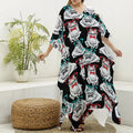 Hipster Frog Pattern Print Silk V-Neck Kaftan Dress