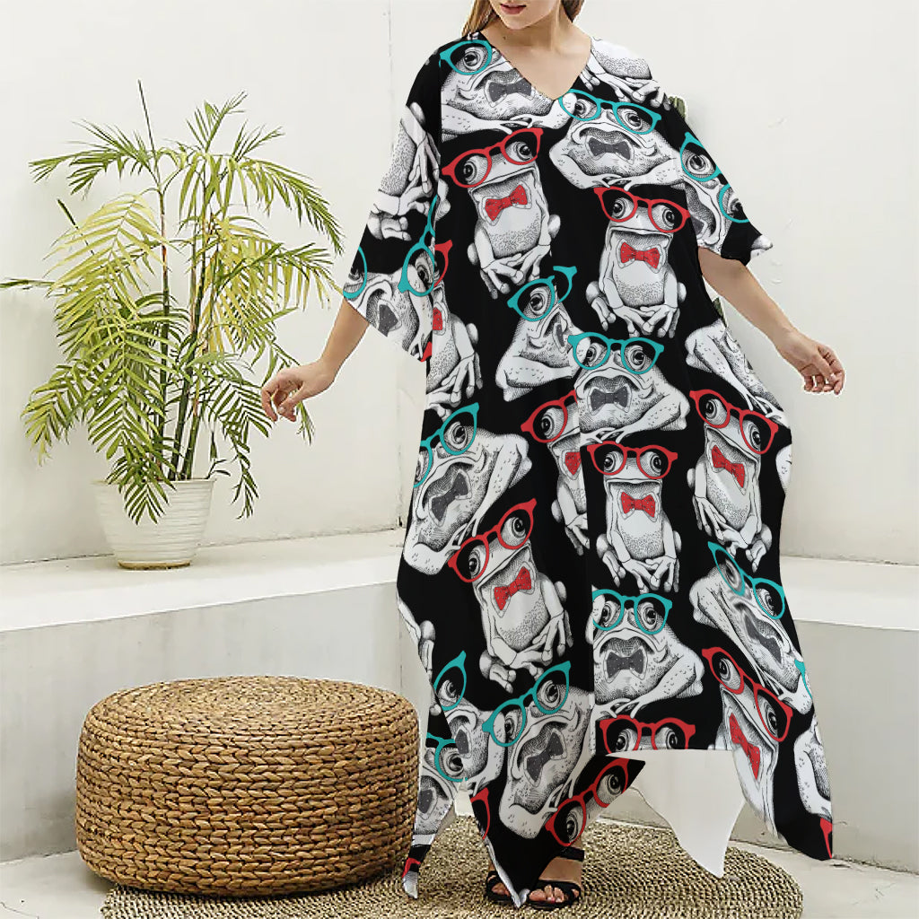 Hipster Frog Pattern Print Silk V-Neck Kaftan Dress