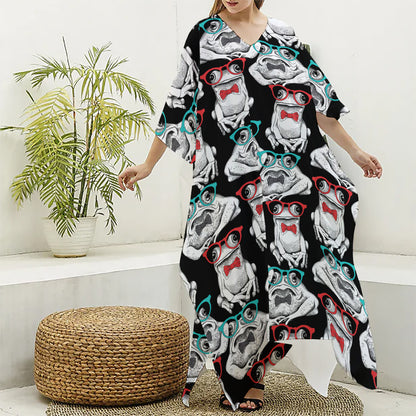 Hipster Frog Pattern Print Silk V-Neck Kaftan Dress