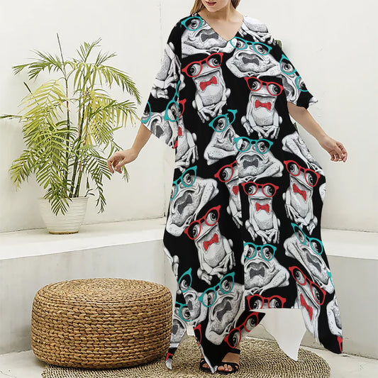 Hipster Frog Pattern Print Silk V-Neck Kaftan Dress