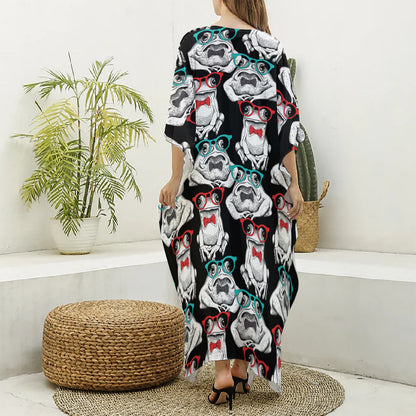 Hipster Frog Pattern Print Silk V-Neck Kaftan Dress