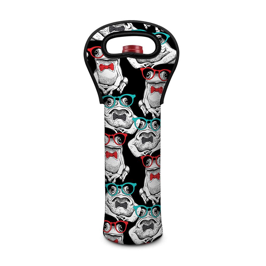 Hipster Frog Pattern Print Single Neoprene Wine Tote