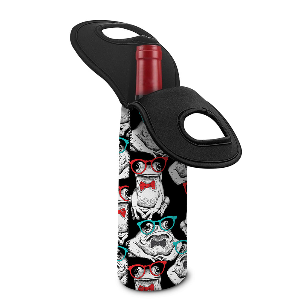 Hipster Frog Pattern Print Single Neoprene Wine Tote