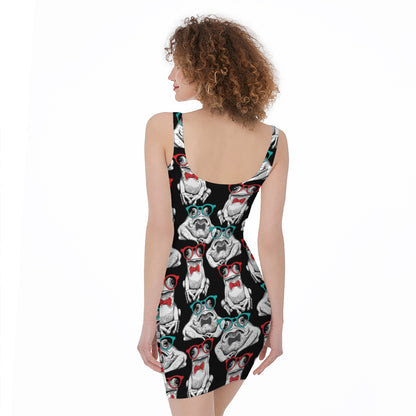 Hipster Frog Pattern Print Sleeveless Bodycon Dress