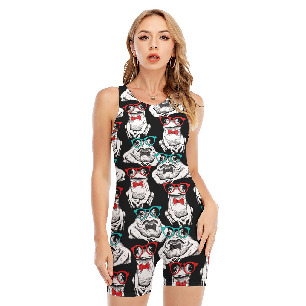 Hipster Frog Pattern Print Sleeveless One Piece Swimsuit