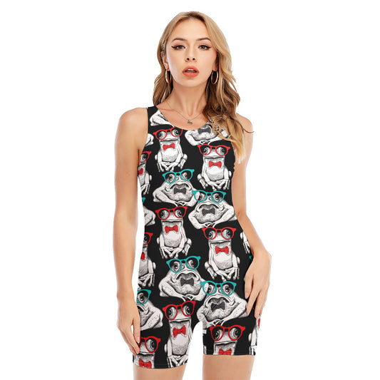 Hipster Frog Pattern Print Sleeveless One Piece Swimsuit