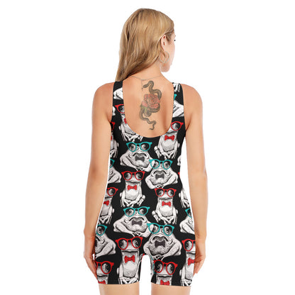 Hipster Frog Pattern Print Sleeveless One Piece Swimsuit