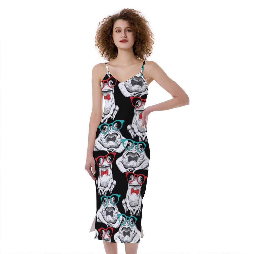 Hipster Frog Pattern Print Slim Fit Midi Cami Dress