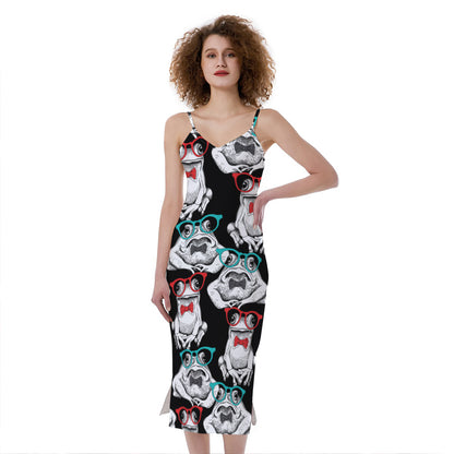 Hipster Frog Pattern Print Slim Fit Midi Cami Dress