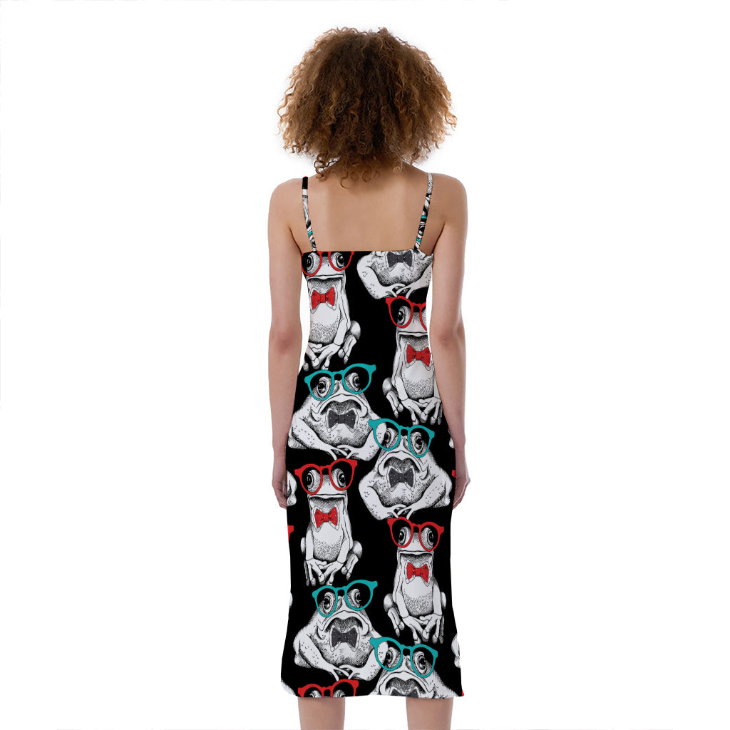 Hipster Frog Pattern Print Slim Fit Midi Cami Dress