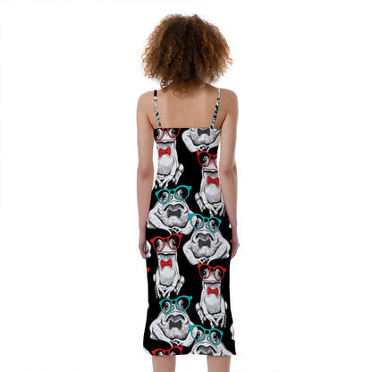 Hipster Frog Pattern Print Slim Fit Midi Cami Dress