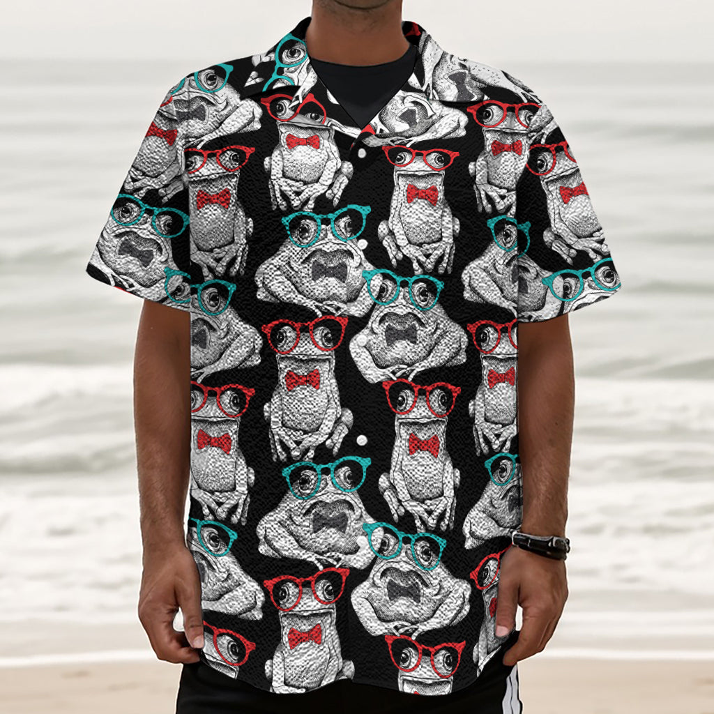 Hipster Frog Pattern Print Textured Short Sleeve Shirt