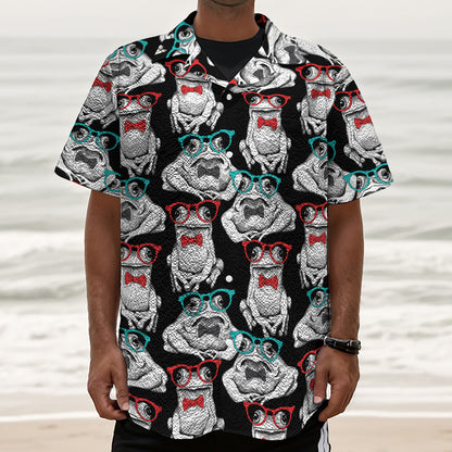Hipster Frog Pattern Print Textured Short Sleeve Shirt