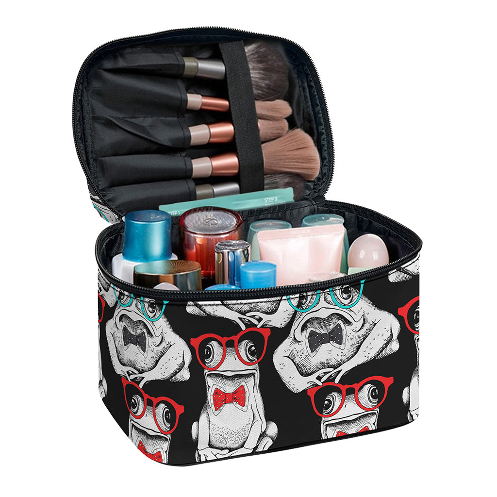 Hipster Frog Pattern Print Travel Makeup Bag