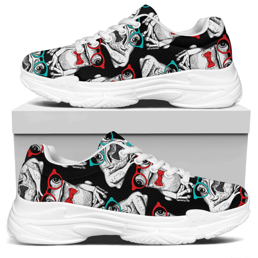 Hipster Frog Pattern Print White Chunky Shoes