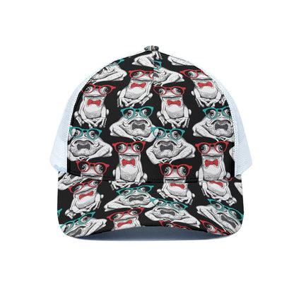 Hipster Frog Pattern Print White Mesh Trucker Cap