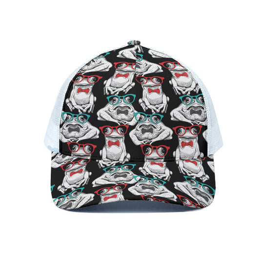 Hipster Frog Pattern Print White Mesh Trucker Cap
