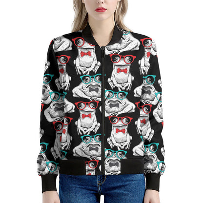 Hipster Frog Pattern Print Women's Bomber Jacket