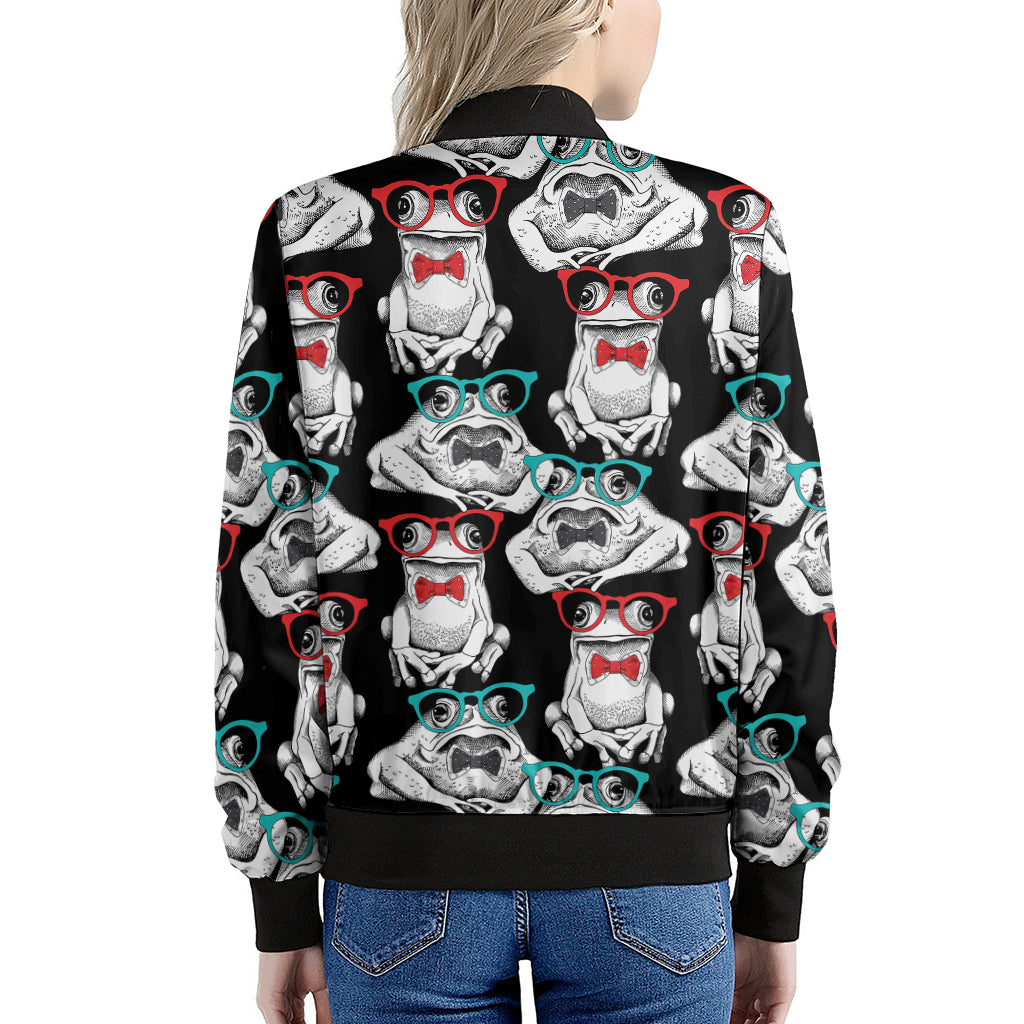 Hipster Frog Pattern Print Women's Bomber Jacket