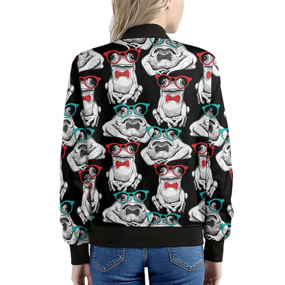 Hipster Frog Pattern Print Women's Bomber Jacket