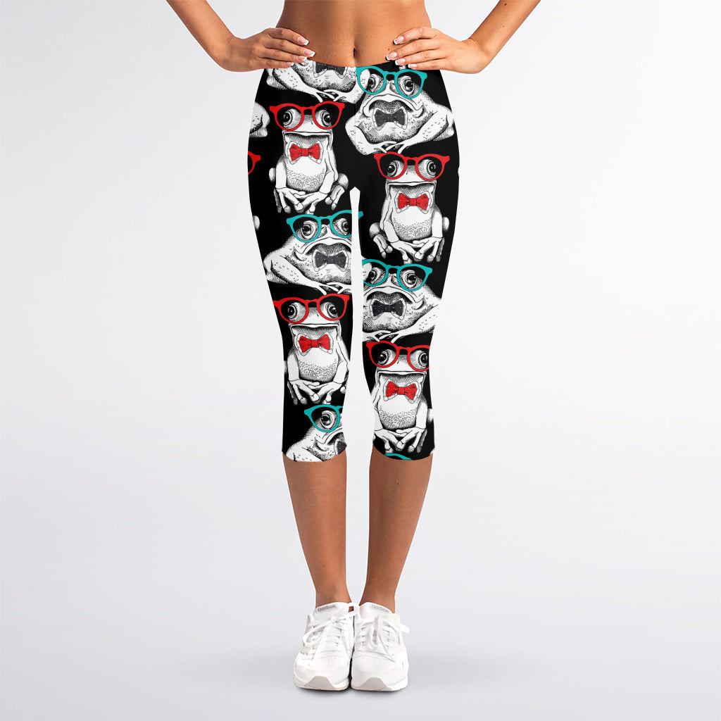 Hipster Frog Pattern Print Women's Capri Leggings