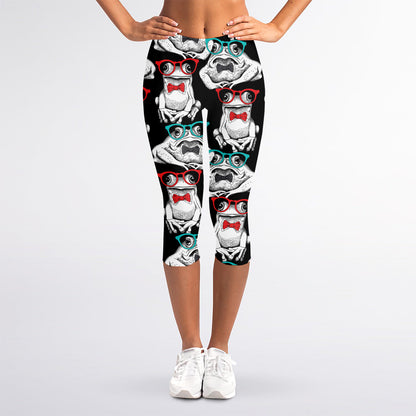 Hipster Frog Pattern Print Women's Capri Leggings