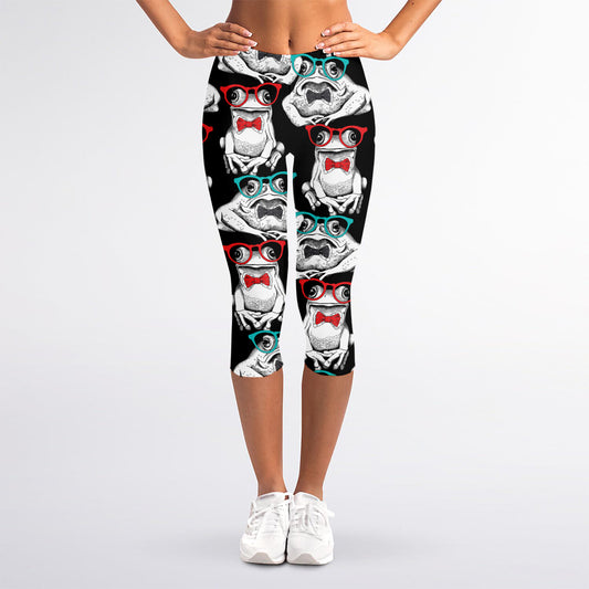 Hipster Frog Pattern Print Women's Capri Leggings