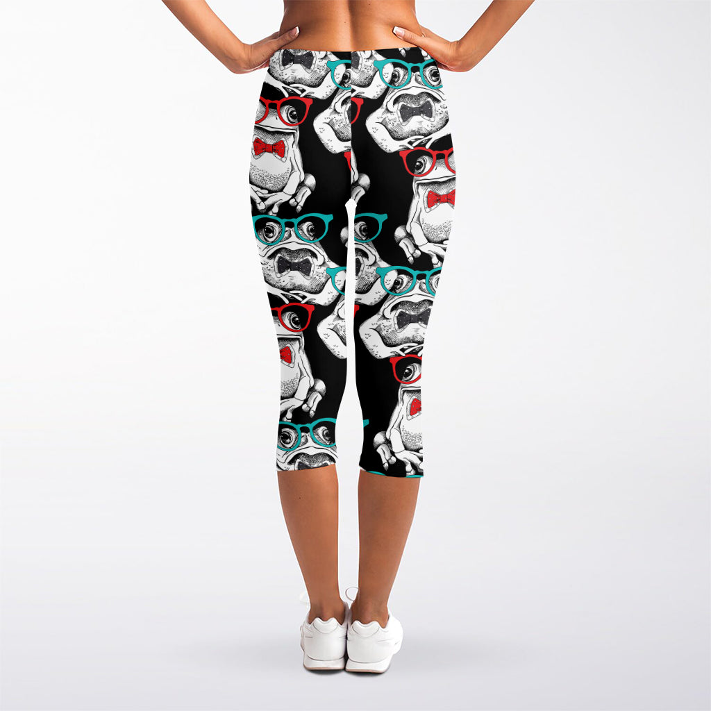Hipster Frog Pattern Print Women's Capri Leggings