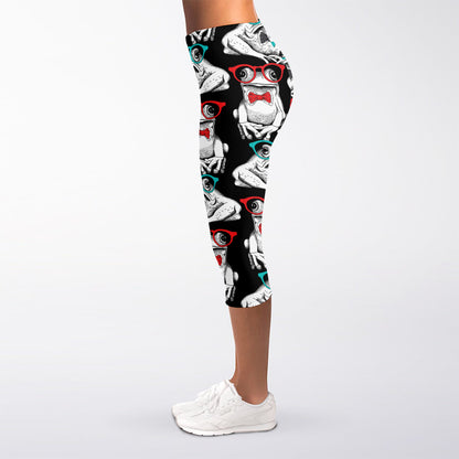 Hipster Frog Pattern Print Women's Capri Leggings