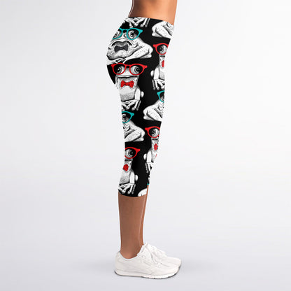 Hipster Frog Pattern Print Women's Capri Leggings